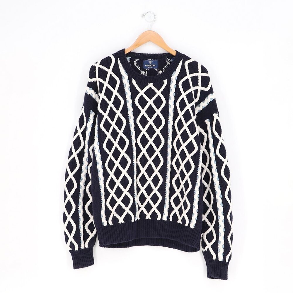 VINTAGE REGATTA SPORT Cable Knit Crewneck Nautical Navy Cotton Sweater Size M